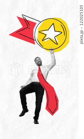 Modern artwork. Happy man in white shirt with red tie, holding yellow medal with star, conveying celebration of success or achievement. Modern artwork. Happy man in white shirt with red tie, holding yellow medal with star, conveying celebration of success or achievement. 122025105