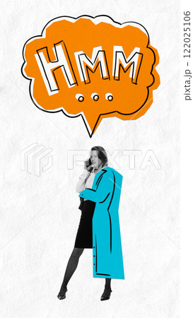 Modern artwork. Thoughtful woman in formal outfit, holding phone, with orange speech bubble HMM above, symbolizing decision-making or brainstorming. Modern artwork. Thoughtful woman in formal outfit, holding phone, with orange speech bubble HMM above, symbolizing decision-making or brainstorming. 122025106