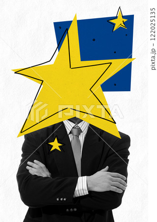 Contemporary art collage. Man in formal attire with yellow star replacing face, suggesting focus on ideals and famous. Contemporary art collage. Man in formal attire with yellow star replacing face, suggesting focus on ideals and famous. 122025135