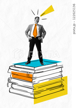 Contemporary art collage. Confident man in suit and orange tie, standing on stack of books, radiating leadership and knowledge. Contemporary art collage. Confident man in suit and orange tie, standing on stack of books, radiating leadership and knowledge. 122025136