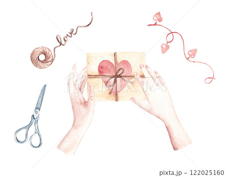 Valentine's Day Scene, Composition. Female Hands holding Old Vintage Love Letters with pink Heart tied with Cord or Twine. Garland with Heart shaped Lights, Scissors and Jute spiral cord. Top view Valentine's Day Scene, Composition. Female Hands holding Old Vintage Love Letters with pink Heart tied with Cord or Twine. Garland with Heart shaped Lights, Scissors and Jute spiral cord. Top view 122025160