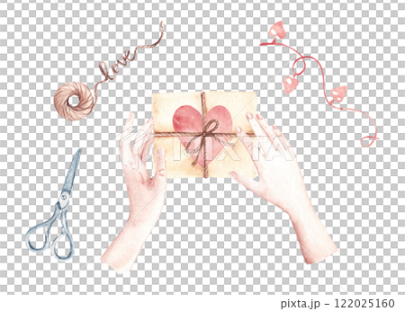 Valentine's Day Scene, Composition. Female Hands holding Old Vintage Love Letters with pink Heart tied with Cord or Twine. Garland with Heart shaped Lights, Scissors and Jute spiral cord. Top view Valentine's Day Scene, Composition. Female Hands holding Old Vintage Love Letters with pink Heart tied with Cord or Twine. Garland with Heart shaped Lights, Scissors and Jute spiral cord. Top view 122025160