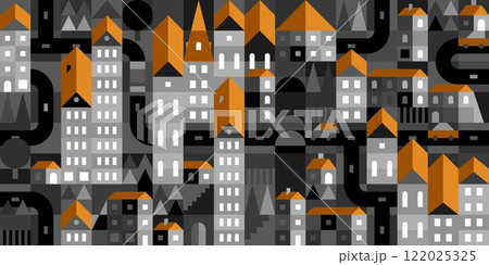 Dark Abstract Seamless Vector Bauhaus Geometric City Pattern Design Background Template 122025325
