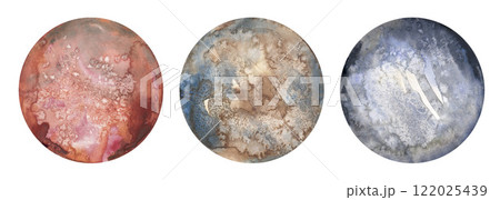 Intricate circular galaxy space planet watercolor patterns in red, brown, and blue blend harmoniously, adding texture and uniqueness to creative, modern, and decorative designs. 122025439