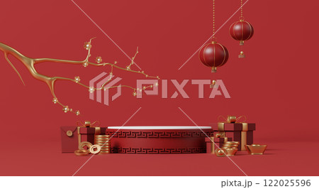 3D render, Chinese new year celebration, empty podium stage with gold blossom branch, lanterns, gifts, and gold ingots on red background. 3D render, Chinese new year celebration, empty podium stage with gold blossom branch, lanterns, gifts, and gold ingots on red background. 122025596