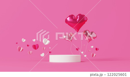 3D render, Floating heart shaped balloons with white podium on soft pink background. 122025601