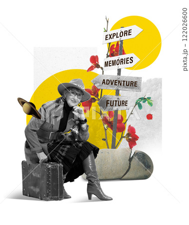 Elderly elegant woman in hat and boots, sitting on suitcase surrounded by adventure-themed signs and vibrant abstract details. Creative art collage. Elderly elegant woman in hat and boots, sitting on suitcase surrounded by adventure-themed signs and vibrant abstract details. Creative art collage. 122026600