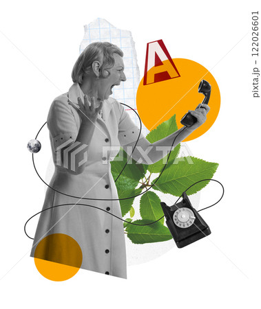 Elderly woman in a dress emotionally holding vintage phone and shouting. Abstract background with floral elements. Creative art collage. Elderly woman in a dress emotionally holding vintage phone and shouting. Abstract background with floral elements. Creative art collage. 122026601