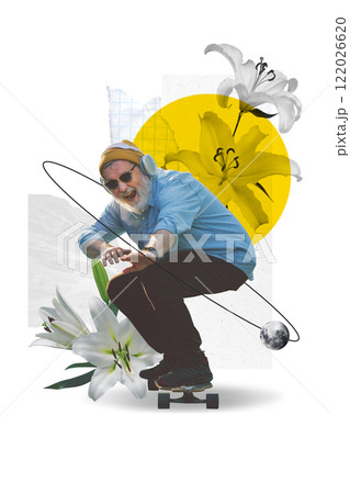 Elderly man on a skateboard, in headphones, a beanie, and sunglasses, enjoying activity. Abstract background with floral elements. Creative art collage. Elderly man on a skateboard, in headphones, a beanie, and sunglasses, enjoying activity. Abstract background with floral elements. Creative art collage. 122026620