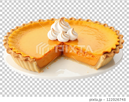 Sweet Potato Pie, whole pie with browned marshmallow topping, vibrant orange filling, fluted crust, sliced, inviting presentation 122026748