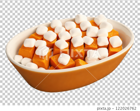 Candied yams, orange sweet potatoes, glistening with brown sugar glaze and marshmallows, in white ramekin, hero shot on transparent 122026762
