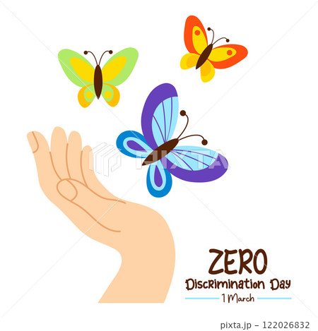 Zero discrimination day. Multicolored rainbow butterflies fly out from palm of hand. International holiday 1 march. Butterfly as symbol. Vector illustration in flat style celebrate, greeting card, Zero discrimination day. Multicolored rainbow butterflies fly out from palm of hand. International holiday 1 march. Butterfly as symbol. Vector illustration in flat style celebrate, greeting card, 122026832