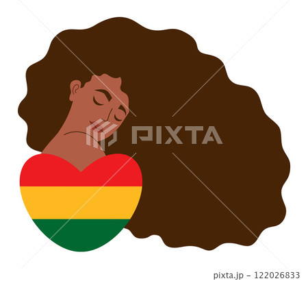 Black History Month. African American woman with long hair and red, yellow, green heart in colors of flag. Vector illustration. Holiday in February in USA, Canada October in UK. Flat festive character Black History Month. African American woman with long hair and red, yellow, green heart in colors of flag. Vector illustration. Holiday in February in USA, Canada October in UK. Flat festive character 122026833