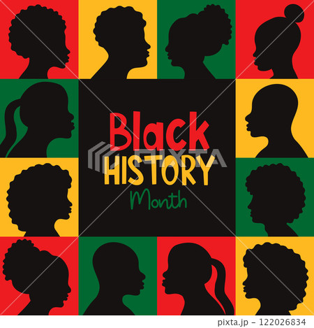 Black History Month poster. Silhouette diverse African American people in repeating squares in red, yellow and green in colors national flag. Vector illustration. Banner in flat minimalistic design Black History Month poster. Silhouette diverse African American people in repeating squares in red, yellow and green in colors national flag. Vector illustration. Banner in flat minimalistic design 122026834