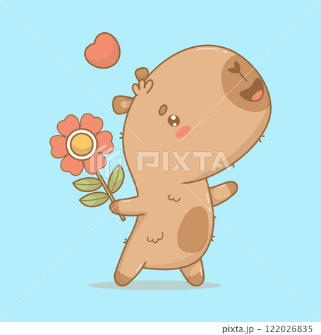 Adorable cartoon capybara with flower and heart. Cute enamored kawaii character animal. Vector illustration. Holiday Valentine cool card. Adorable cartoon capybara with flower and heart. Cute enamored kawaii character animal. Vector illustration. Holiday Valentine cool card. 122026835