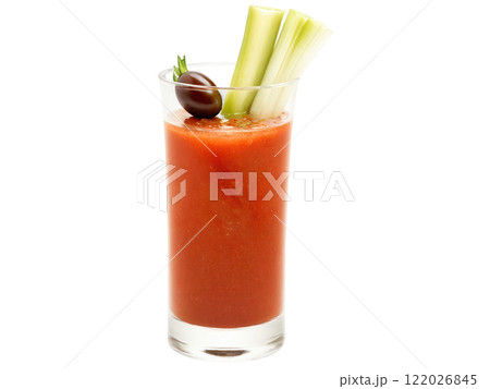 Bloody Mary, spicy vodka cocktail with celery stalk, olives, and seasoning rim in a highball glass, transparent background 122026845