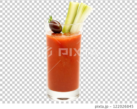 Bloody Mary, spicy vodka cocktail with celery stalk, olives, and seasoning rim in a highball glass, transparent background 122026845