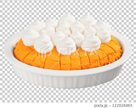 Sweet Potato Casserole, golden marshmallow topping, vibrant orange filling, isolated on transparent, hero shot 122026865