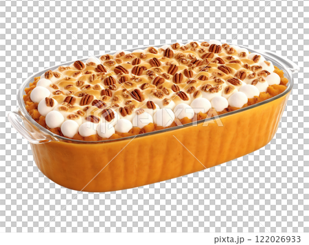 Sweet Potato Casserole Creamy sweet potato casserole with marshmallow and pecan topping, transparent bg. 122026933