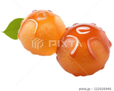 Gulab Jamun, deep-fried dough balls soaked in rose-flavored sugar syrup, garnished with silver leaf, dynamic composition, vibrant Indian color palette, 122026948