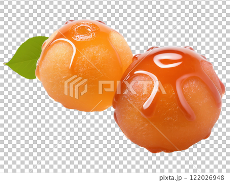 Gulab Jamun, deep-fried dough balls soaked in rose-flavored sugar syrup, garnished with silver leaf, dynamic composition, vibrant Indian color palette, 122026948