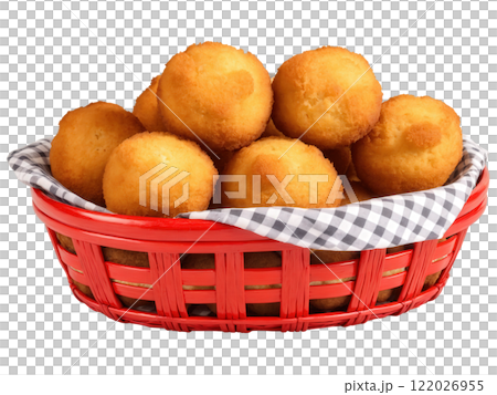 Hush puppies, crispy golden brown fried cornbread balls, in red basket with gingham liner, isolated on transparent background 122026955