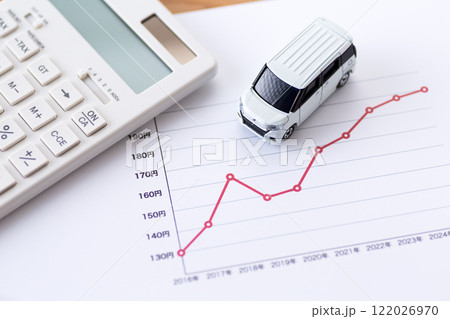 ガソリン価格の推移グラフと自動車と電卓 122026970