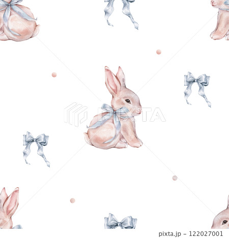 Watercolor seamless pattern with cute white rose bunny with blue bow and polka dots. Repeat pattern pastel color with rabbit. Tender watercolor hand drawn illustration for holiday or kids design. 122027001