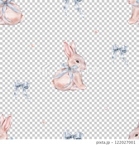 Watercolor seamless pattern with cute white rose bunny with blue bow and polka dots. Repeat pattern pastel color with rabbit. Tender watercolor hand drawn illustration for holiday or kids design. 122027001