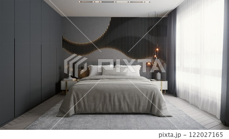 A modern bedroom featuring a neutral color palette, elegant decor, and stylish wall design, creating a serene and inviting atmosphere. 3d rendering. 122027165