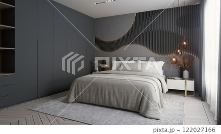 A modern bedroom featuring a cozy bed, stylish decor, and a soothing color palette, creating a serene and inviting atmosphere. 3d rendering condominium room. 122027166