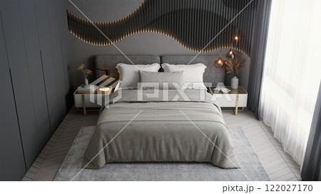 A stylish, modern bedroom featuring a gray color palette, cozy bedding, and contemporary decor elements creating a serene atmosphere. 3d rendering interior scene. A stylish, modern bedroom featuring a gray color palette, cozy bedding, and contemporary decor elements creating a serene atmosphere. 3d rendering interior scene. 122027170