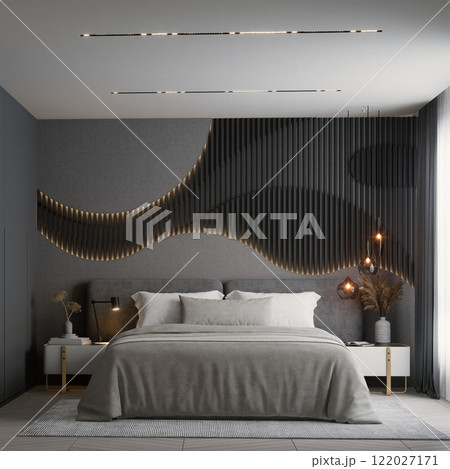 A modern bedroom featuring a stylish wall design with flowing patterns, elegant bedding, and ambient lighting for a cozy atmosphere. 3d rendering interior. A modern bedroom featuring a stylish wall design with flowing patterns, elegant bedding, and ambient lighting for a cozy atmosphere. 3d rendering interior. 122027171