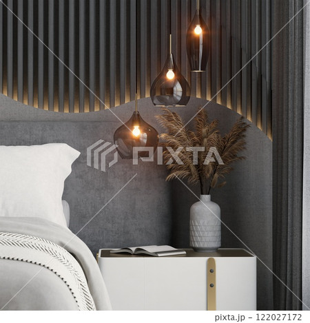 A modern bedroom featuring stylish pendant lights, a neutral color palette, and decorative plants, creating a cozy and inviting atmosphere. 3d rendering interior. A modern bedroom featuring stylish pendant lights, a neutral color palette, and decorative plants, creating a cozy and inviting atmosphere. 3d rendering interior. 122027172