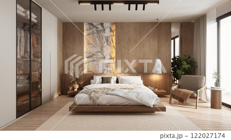 A modern bedroom with warm wooden accents, a cozy bed, stylish decor, and large windows allowing natural light to brighten the space. 3d rendering 122027174