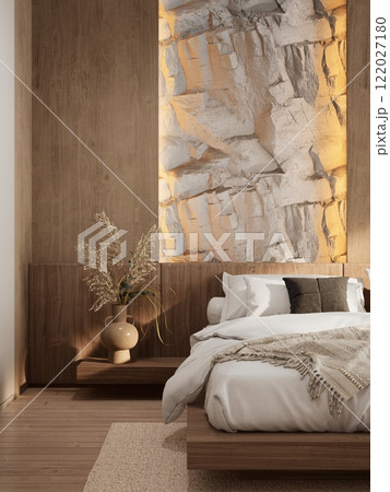 A modern bedroom featuring a textured wall, natural wood elements, cozy bedding, and minimalistic decor, creating a serene and inviting atmosphere. 3d rendering. A modern bedroom featuring a textured wall, natural wood elements, cozy bedding, and minimalistic decor, creating a serene and inviting atmosphere. 3d rendering. 122027180