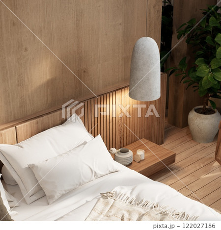 A cozy, modern bedroom featuring a wooden headboard, soft linens, a stylish pendant light, and indoor plants for a warm, inviting atmosphere. A cozy, modern bedroom featuring a wooden headboard, soft linens, a stylish pendant light, and indoor plants for a warm, inviting atmosphere. 122027186