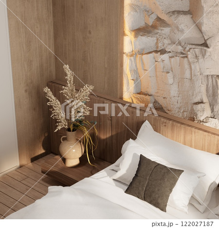 A serene, modern bedroom featuring natural wood elements, soft bedding, and decorative plants, creating a cozy and inviting atmosphere. A serene, modern bedroom featuring natural wood elements, soft bedding, and decorative plants, creating a cozy and inviting atmosphere. 122027187