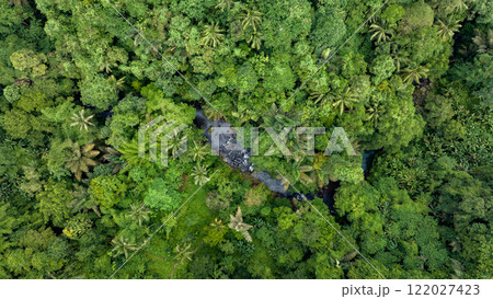 River in tropical green rainforest, 4K Aerial drone top view shot River in tropical green rainforest, 4K Aerial drone top view shot 122027423