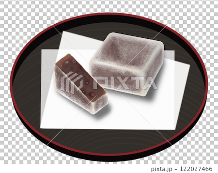 丸いお皿にのった四角いきんつば 122027466