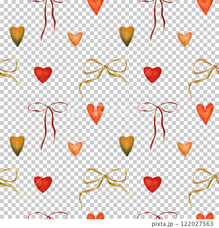 Hand drawn watercolor seamless pattern with red hearts and decorative bows. Soft red, orange, and green tones. romantic and elegant. Ideal for textiles, gift wrap, wallpaper, stationery, invitations Hand drawn watercolor seamless pattern with red hearts and decorative bows. Soft red, orange, and green tones. romantic and elegant. Ideal for textiles, gift wrap, wallpaper, stationery, invitations 122027563