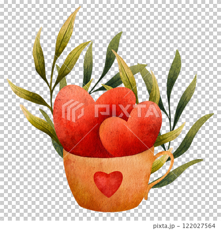 Hand drawn watercolor illustration of a cup with red hearts and green leaves. Warm red and green tones create a romantic look. Perfect for Valentines Day cards, posters, branding, prints, invitations 122027564