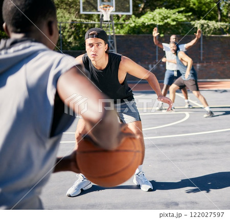 Basketball, team and men playing sport in a competition, training or exercise players with talent, skill and fitness. Sports people in a competitive practice match on an outdoor court using teamwork Basketball, team and men playing sport in a competition, training or exercise players with talent, skill and fitness. Sports people in a competitive practice match on an outdoor court using teamwork 122027597