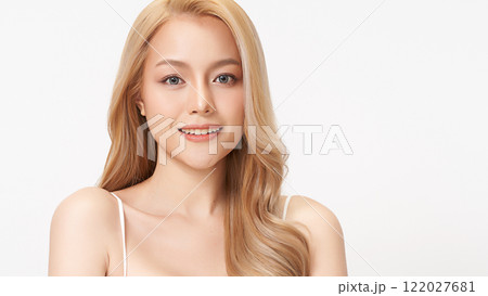 Beautiful young asian woman with clean fresh skin on white background, Face care, Facial treatment, Cosmetology, beauty and spa, Asian women portrait. Beautiful young asian woman with clean fresh skin on white background, Face care, Facial treatment, Cosmetology, beauty and spa, Asian women portrait. 122027681
