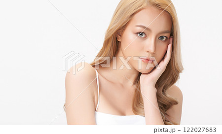 Beautiful young asian woman with clean fresh skin on white background, Face care, Facial treatment, Cosmetology, beauty and spa, Asian women portrait. 122027683