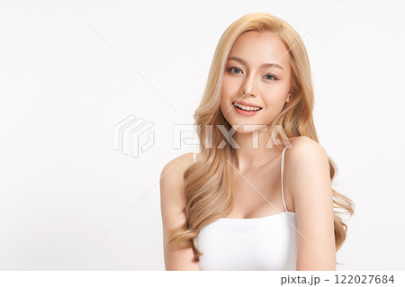Beautiful young asian woman with clean fresh skin on white background, Face care, Facial treatment, Cosmetology, beauty and spa, Asian women portrait. 122027684