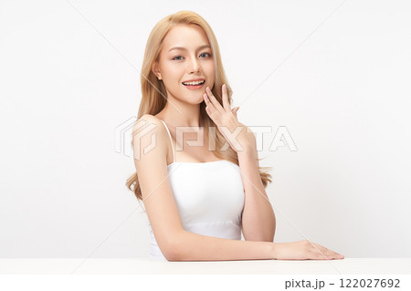 Beautiful young asian woman with clean fresh skin on white background, Face care, Facial treatment, Cosmetology, beauty and spa, Asian women portrait. 122027692