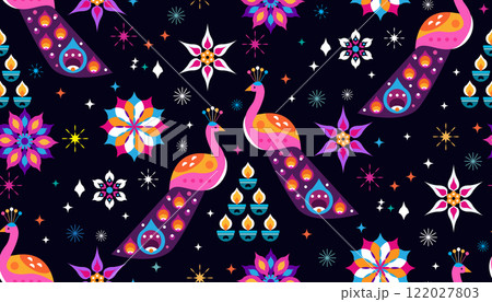 Traditional Indian Diwali. Deepavali peacock bird template design seamless pattern Festive graphic design background Vector abstract flat illustration Traditional Indian Diwali. Deepavali peacock bird template design seamless pattern Festive graphic design background Vector abstract flat illustration 122027803