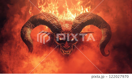 Fiery demon head emerging from flames and smoke 122027970