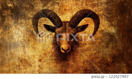 Ram with impressive horns on textured bg 122027987